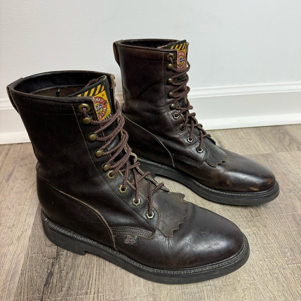 Justin Work Boots Brown Leather 760 Lace Up Size 8 Made in USA Round Toe